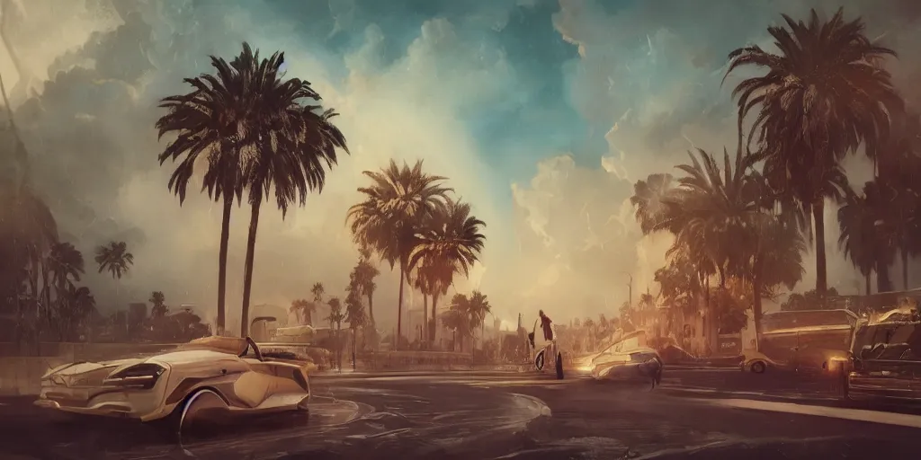 Prompt: thunderstorm in marrakech, palm trees, flying vehicles, moroccan mosque, wlop, james jean, tom bagshaw, rococo, trending on artstation, fantasy, intricate, elegant, highly detailed, digital painting, concept art, smooth, illustration, cinematic lighting, hyper realism, octane render, 8 k, hyper detailed.