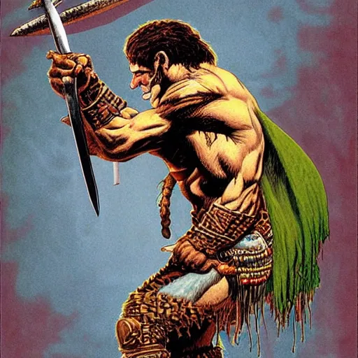 Prompt: barbarian warrior holding sword. Artwork by Richard Corben