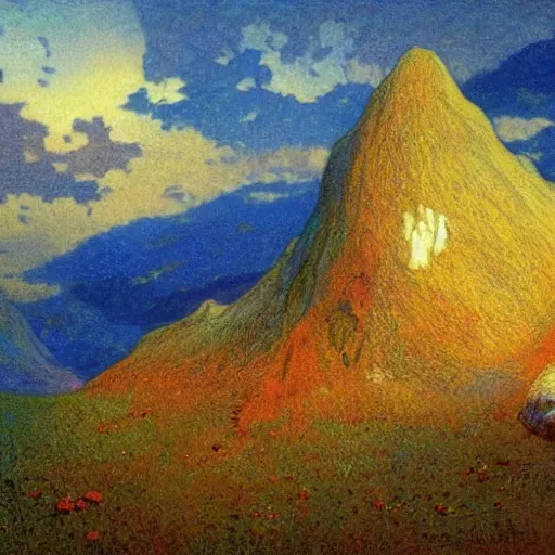 Image similar to to most happy mountain in the world, astral appearance, sublime, colorful, light shafts, dramatic light, by august malmstrom, russian painters, mucha, yoshitaka amano, global illumination, rule of thirds, perfect central composition.