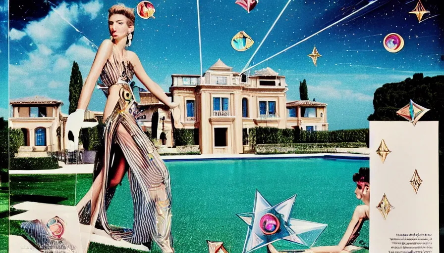 Image similar to 1 9 8 8 italia vogue magazine photo of a mansion, christian dior archi style, mediterranean beach background, refracted lines and sparkles, flash photography, major arcana sky and occult symbols