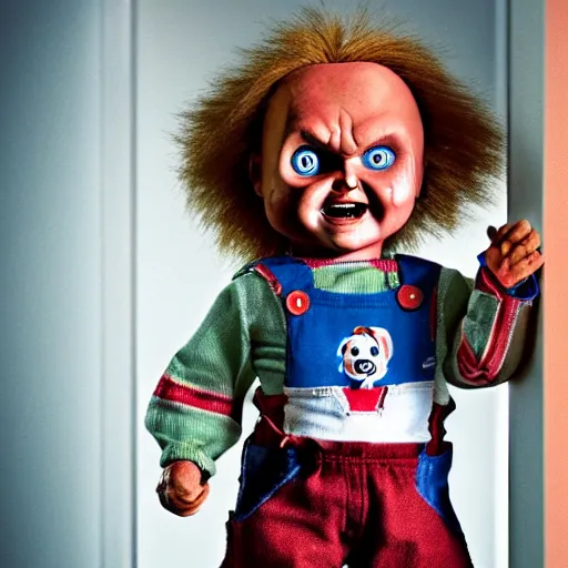 Image similar to chucky the killer doll standing in a dimly lit hospital