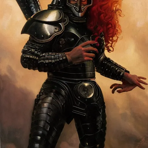 Image similar to oil painting of a pale menacing Apollo with long curly blond hair and piercing red glowing eyes, powerful sci fi centurion in tall jagged black plate armor, cinematic chiaroscuro creeping darkness, by J.C leyendecker and norman rockwell