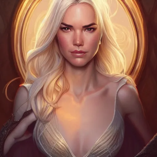 Image similar to Odette Annable with blonde hair as Emma Frost, western, D&D, fantasy, intricate, elegant, highly detailed, digital painting, artstation, concept art, matte, sharp focus, illustration, art by Artgerm and Greg Rutkowski and Alphonse Mucha