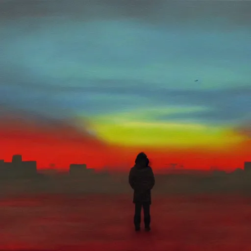 Prompt: red sky, a person watching the end of the world, dystopian city, wasteland, oil painting