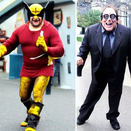 Image similar to danny devito dressed up in costume as the wolverine