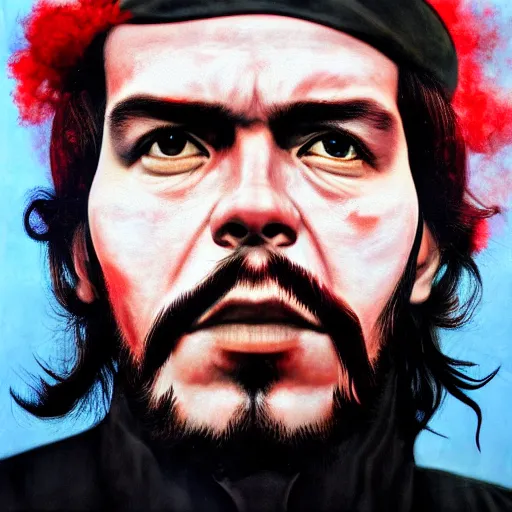 Image similar to colour masterpiece surreal closeup portrait photography of che guevara by miho hirano and annie leibovitz and michael cheval, red and white smoke background, 8 k