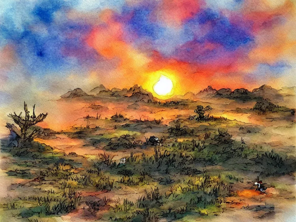 Prompt: “high quality fantasy sunrise landscape watercolor with Calvin and Hobbes”