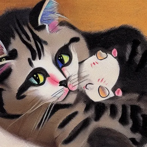 Image similar to a cat attempts to hold an extremely angry child, lowbrow painting by 奈 良 美 智