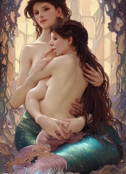 Image similar to a mermaid mother cradling her newborn baby, beautiful painting by artgerm and greg rutkowski and alphonse mucha