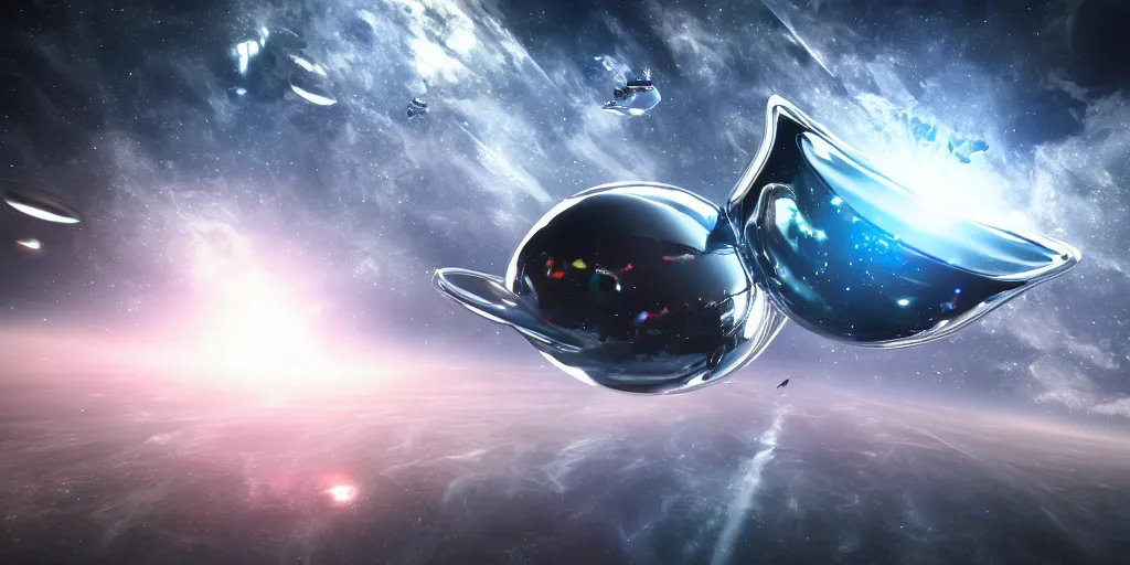 Prompt: chrome blob flying through space futuristic hyperspeed photorealistic render unreal ultrawide