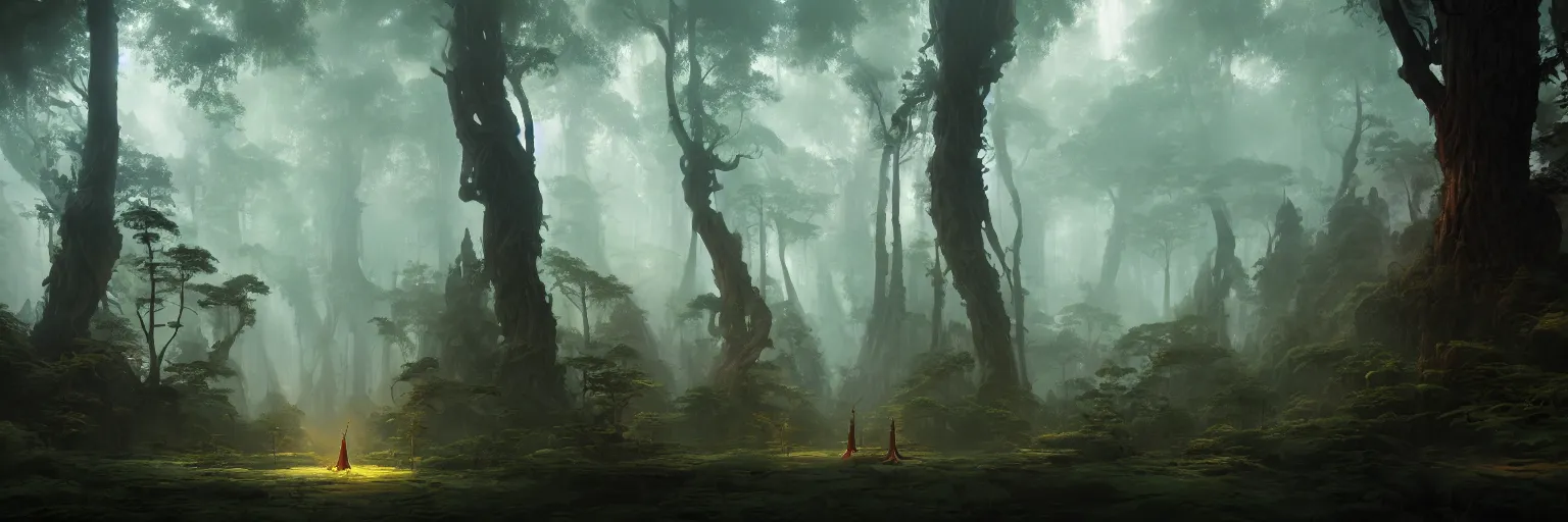 Image similar to Mysterious beautiful Buddhist forest, matte painting by Peter Mohrbacher and Craig Mullins, featured in artstation, octane render, cinematic, elegant, intricate, 8k