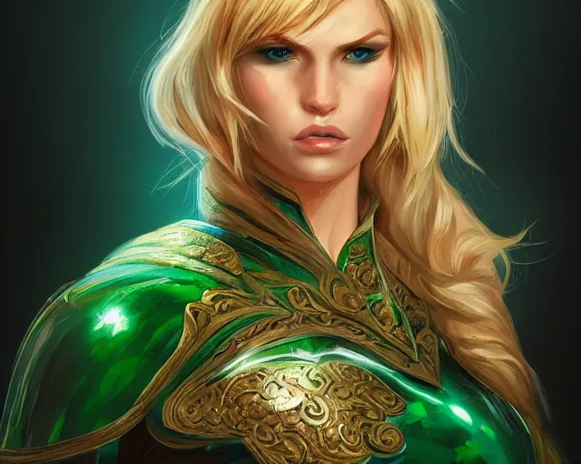 Image similar to A blonde emerald warrior, HD, illustration, epic, fantasy, intricate, elegant, amazing detail, digital painting, artstation, concept art, smooth, sharp focus, illustration, art by Andreas Höher