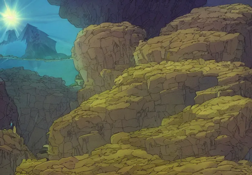 Image similar to a cell - shaded cartoon from howl's moving castle ( 2 0 0 4 ) showing several pyramids underwater at the bottom of the sea. shafts of sunlight come from above. wide shot, very dull muted colors, hd, 4 k, hq