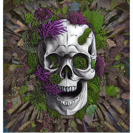 Prompt: overgrown skull inspired by René Laloux,Dan Mumford,twisted ivy vines,moss,flowers collage