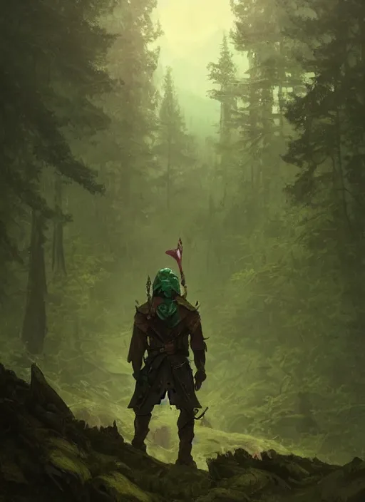 Image similar to elf soldier wearing dark green with a shield and sword on his back standing at a forest looking for adventure in the mountains, tall trees, landscape is lush, moody sunset in background, greg rutkowski, alphonse mucha, trending on artstation, artgerm, unreal engine, breathtaking, award winning, highly detailed