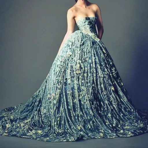 Prompt: Stunning photograph of a magnificent and ethereal ball gown designed after by Van Gogh's Starry Night. Studio lighting