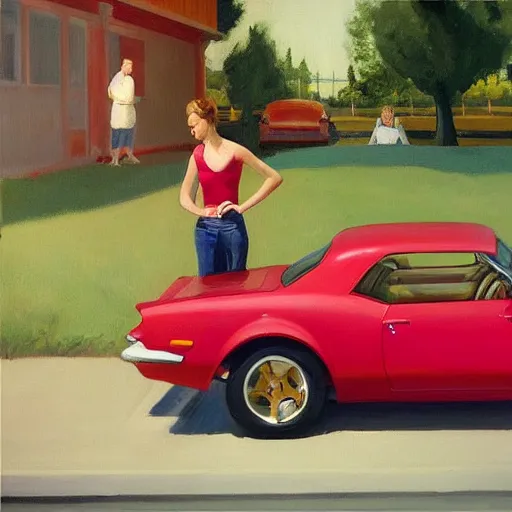 Image similar to Candid portrait, car in the background, dated a woman that lived on Cooterneck Road, She had a Catfish Camero and was cooler than me, by Edward Hopper, Bo Bartlett, and Cynthia Sheppard, Artstation