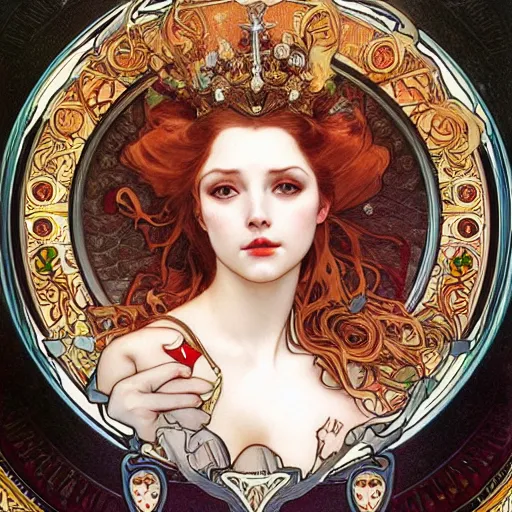 Prompt: realistic detailed face portrait of the Queen of Hearts by Alphonse Mucha, Ayami Kojima, Amano, Charlie Bowater, Karol Bak, Greg Hildebrandt, Jean Delville, and Mark Brooks, Art Nouveau, Neo-Gothic, gothic, playing card suit hearts, playing cards, rich deep moody colors