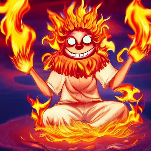 Image similar to fluffy strange popcorn elemental spirit manga character with a smiling face and flames for hair, sitting on a lotus flower, clean composition, symmetrical