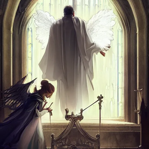 Image similar to angel protecting man who is praying inside a gothic church by Stanley Artgerm Lau, WLOP, Rossdraws, James Jean, Andrei Riabovitchev, Marc Simonetti, Yoshitaka Amano, ArtStation, CGSociety