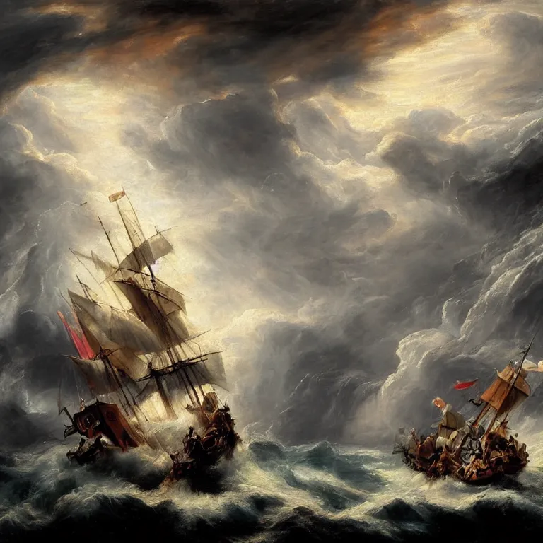 Prompt: A pirate ship sailing atop the center of the chaotic ocean approaching a massive storm, painting in the style of Peter Paul Rubens, Dramatic Lighting, Trending on Artstation HQ, 4K, UHD