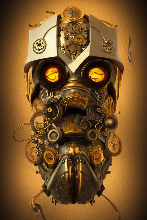 Image similar to steampunk mask minimalist fantasy art robot ninja helmet, global illumination ray tracing hdr fanart arstation by sung choi and eric pfeiffer and gabriel garza and casper konefal radiating a glowing aura