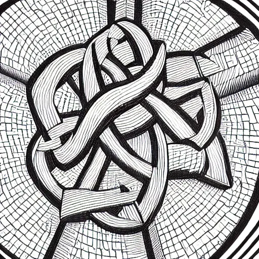 Image similar to an ornate illustration in the style of mandalic escher, showing a geometric knot in a wheat field