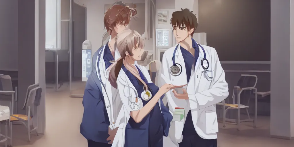 Image similar to a cute and beautiful young female doctor wearing white coat are talking with a handsome young man wearing white coat in a hospital ward, highly detailed, digital painting, slice of life anime, illustration, anime scenery by Makoto shinkai