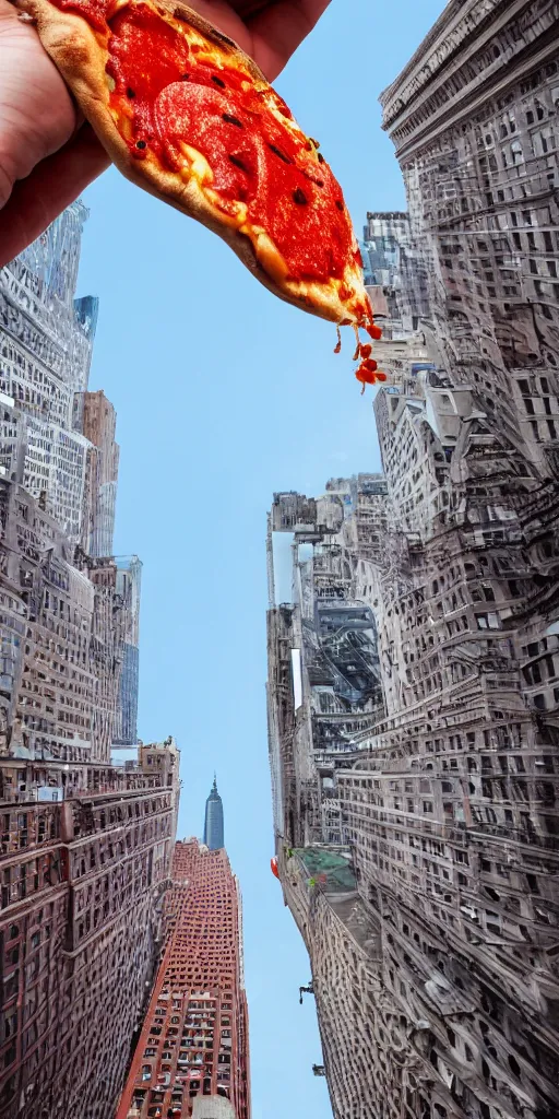 Prompt: hyper detailed realistic skyscraper made out of pepperoni pizza, view looking up from the streets of newyork, photography