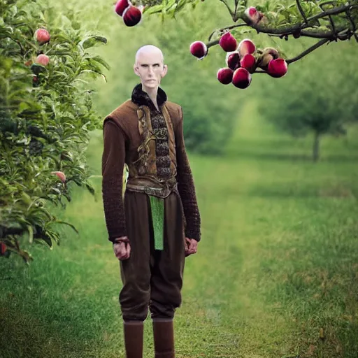 Prompt: realistic portrait of a slender elven man, standing in an apple orchard, dressed in medieval clothes, very handsome, fantasy, dungeons and dragons