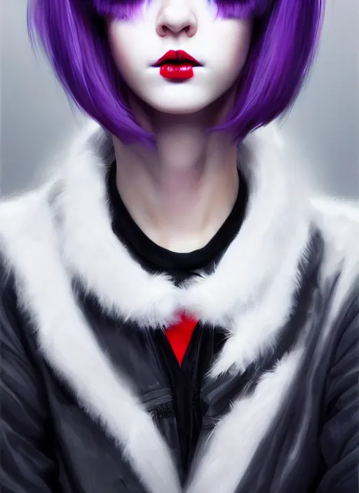 Image similar to portrait of white teenage girl, normal face, white bangs, mall goth, cyberlox, black and white hair, bangs, fluffy bangs, red contact lenses, purple lipstick, intricate, elegant, highly detailed, digital painting, artstation, concept art, sharp focus, smooth, illustration, art by wlop, mars ravelo and greg rutkowski