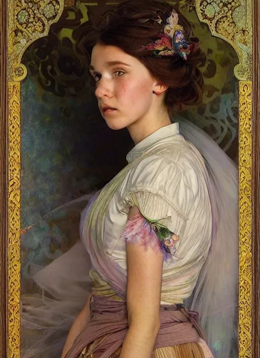 Prompt: realistic detailed painting of a 1 6 - year old girl who resembles millie bobby brown and saoirse ronan, parted lips, glowing, blushing, as a bride wearing ribbons, by alphonse mucha, ayami kojima amano, charlie bowater, karol bak, greg hildebrandt
