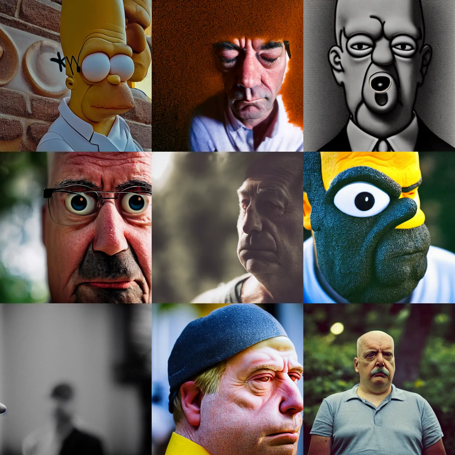 Prompt: portrait photograph, Homer Simpson, pensive, depth of field, bokeh