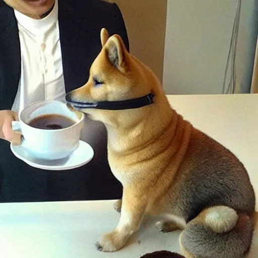 Image similar to a Shiba inu drinking coffee like a gentleman, realistic