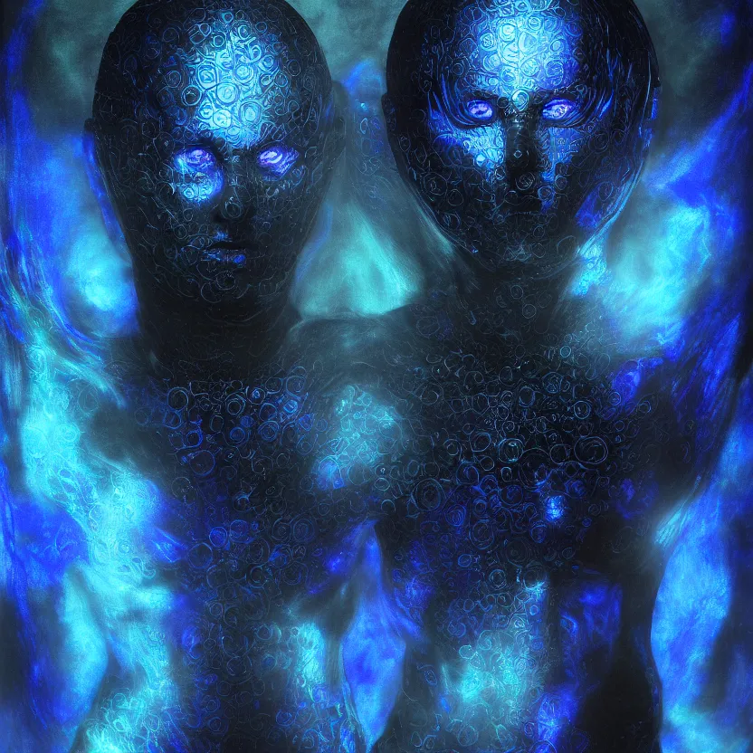 Prompt: neoclassicist renaissance full body portrait of high intelligent single blue demon seated inside singularity, with high tech body connection implants liquid glow interface. iridescent textures. black background. highly detailed fantasy science fiction painting by chris cunningham and vrubel. dark and volumetric. trending on artstation