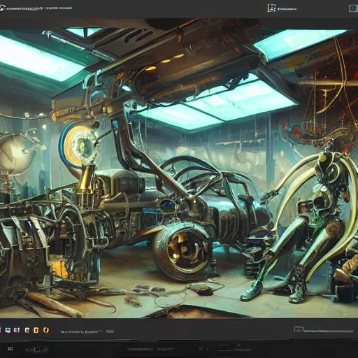 Image similar to he inside of a futuristic mechanic workshop, highly detailed interior, scrap metal on workbenches, half - finished robot, mechanical bugs in a display case, holographic screen in center frame by peter mohrbacher, trending on artstation, cryengine render, 8 k