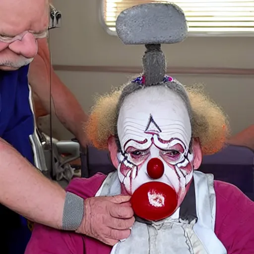 Prompt: elderly clown with violent restraints connected to hospital bed