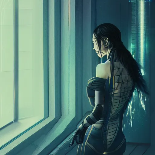 Image similar to portrait of cyberpunk woman looking out of a window, cyberpunk setting, futuristic, highly detailed, intricate lighting, digital painting, sharp focus, illustration, trending on artstation, art by ufotable.