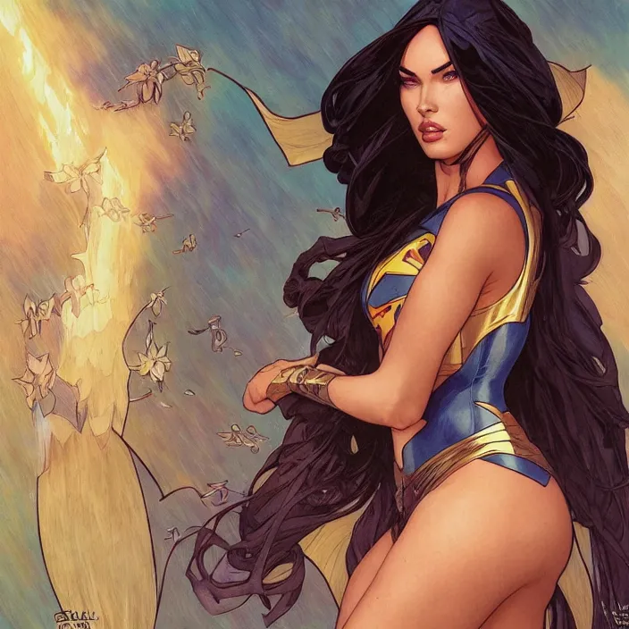 Prompt: megan fox as super girl by artgerm, greg rutkowski, alphonse mucha