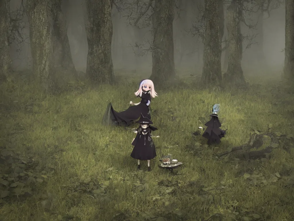 Image similar to cute gothic fumo plush witch girl ventures deep into the forbidden forest, ancient overgrown pagan monument summoning circle, volumetric fog and smoke, the bog of dark abyss, vray