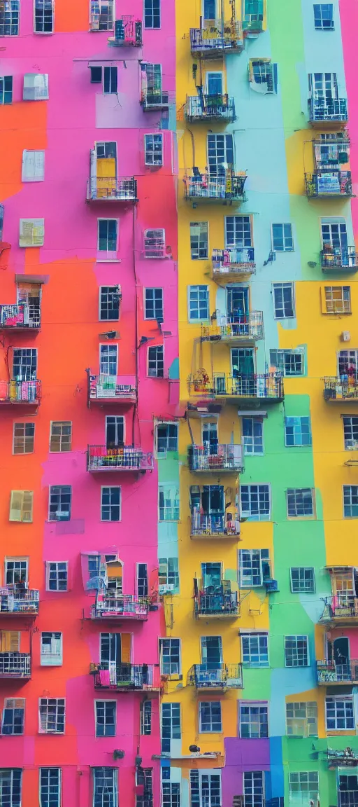 Prompt: concept art of a person standing on a balcony in front of a multicolored building, a photo by juliette leong, featured on flickr, synchromism, chromatic, vivid colors, colorful