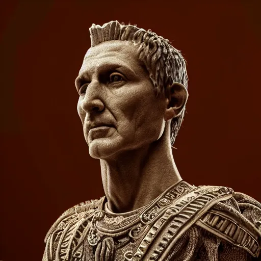 Image similar to a portrait of julius caesar, ancient roman setting, dynamic pose, close - up, intricate details, intricately detailed clothing, intricate textures, warm lighting, vivid colors, smoke and mist, realistic octane render, hyper realistic render, volumetric shading, depth of field, raytracing, 8 k,