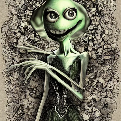 Image similar to michael karcz grunge cartoon drawing of kermit the frog. , in the style of corpse bride, loony toons style, horror themed, detailed, elegant, intricate