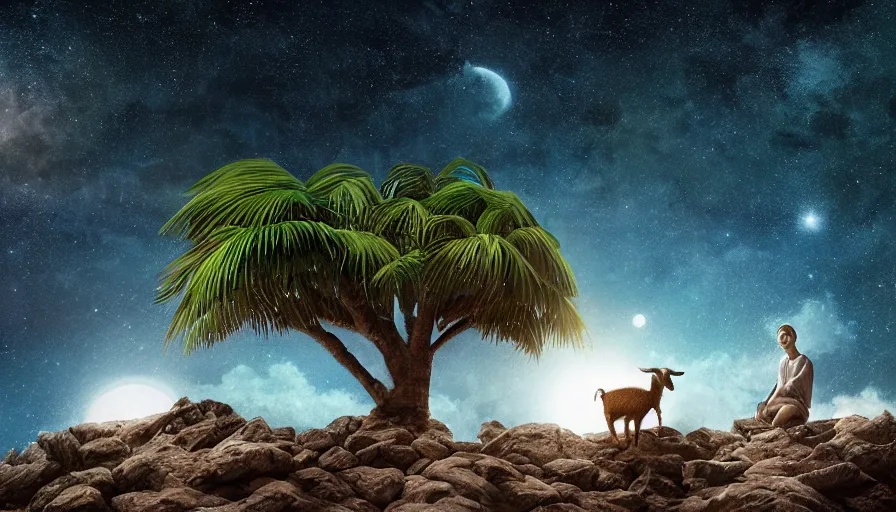 Prompt: very very small goat, sitting on a gigantic coconut tree in moonlit socotra island by ilya kuvshinov, starry night, rtx rendering, octane render 1 2 8 k, maya, extreme high intricate details by tom bagshaw, medium shot, close up shot, composition by sana takeda, lighting by greg rutkowski