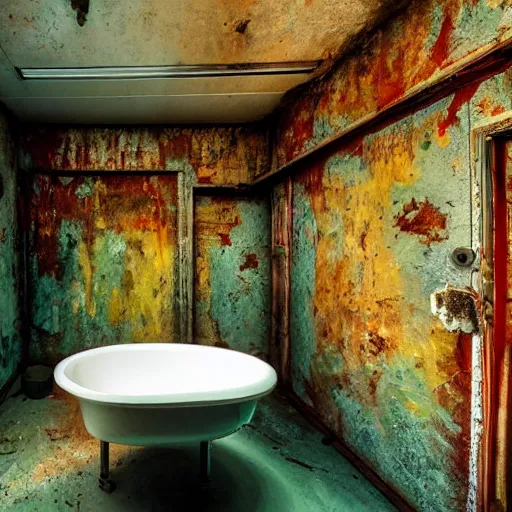 Prompt: UHD hyperrealistic photorealisitc Grungey toilet overflowing with pad Thai, brown sauce, in derelict abandoned bathroom, Vibrant colors, irrdescent glow, Tonalism Painting