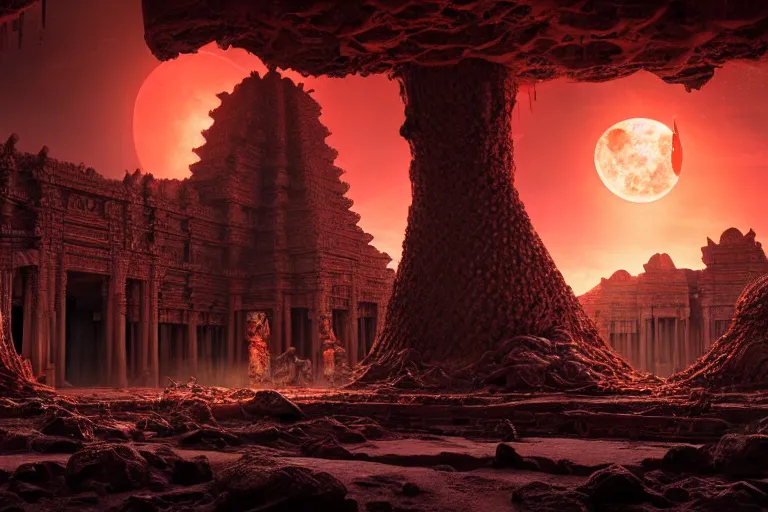 Prompt: beautiful hyperrealistic hyperdetailed epic hdr 3 d render by octane of the mysterious intricate ruins of a temple from an advanced alien starwars civilization under the crescent moon with rimlight with rivers of molten lava by alejandro burdisio and george ines, dramatic lighting