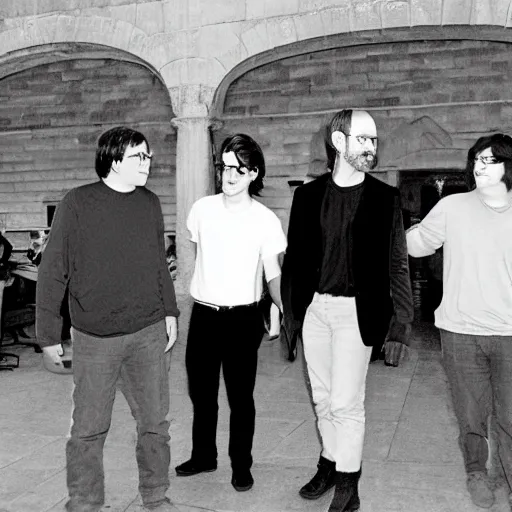 Image similar to john lennon, steve jobs, harry potter, and gabe newell meeting each other