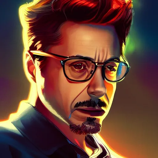 Image similar to Robert Downey Jr as Tony Stark, ambient lighting, 4k, alphonse mucha, lois van baarle, ilya kuvshinov, rossdraws, artstation