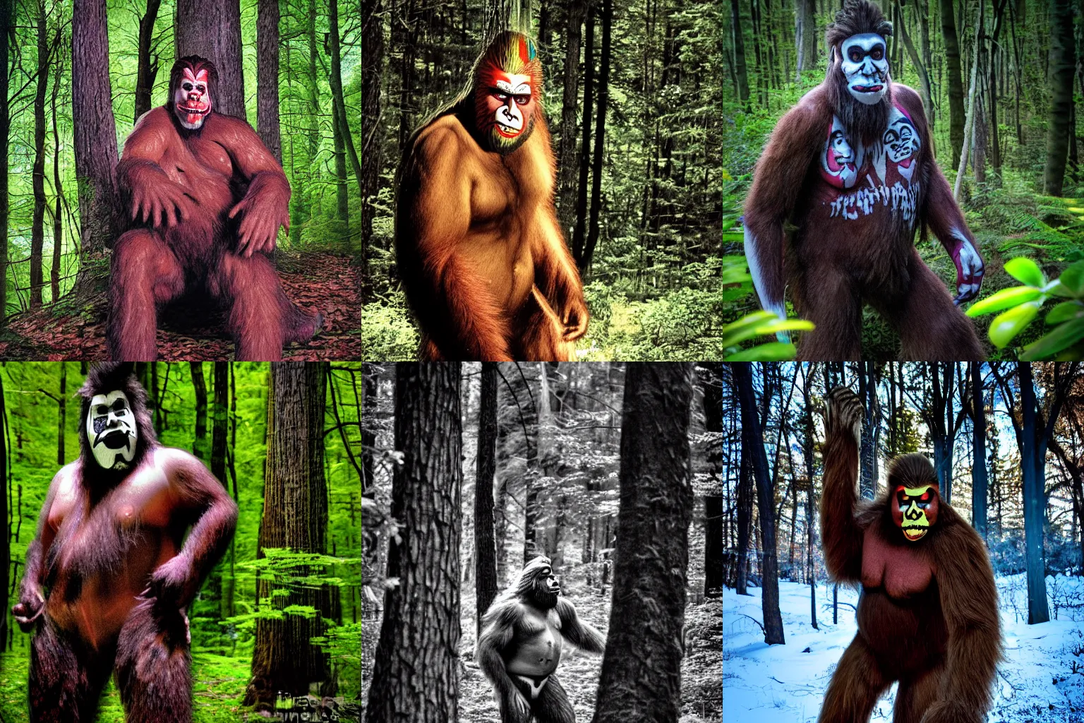 Prompt: Bigfoot photograph of a juggalo in the woods