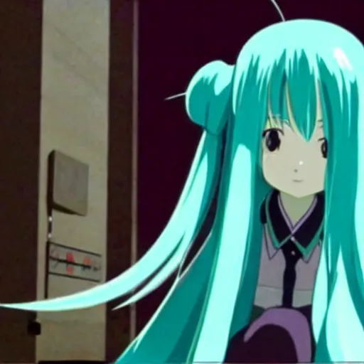 Image similar to a screenshot of hatsune miku in the film spirited away ( 2 0 0 1 )